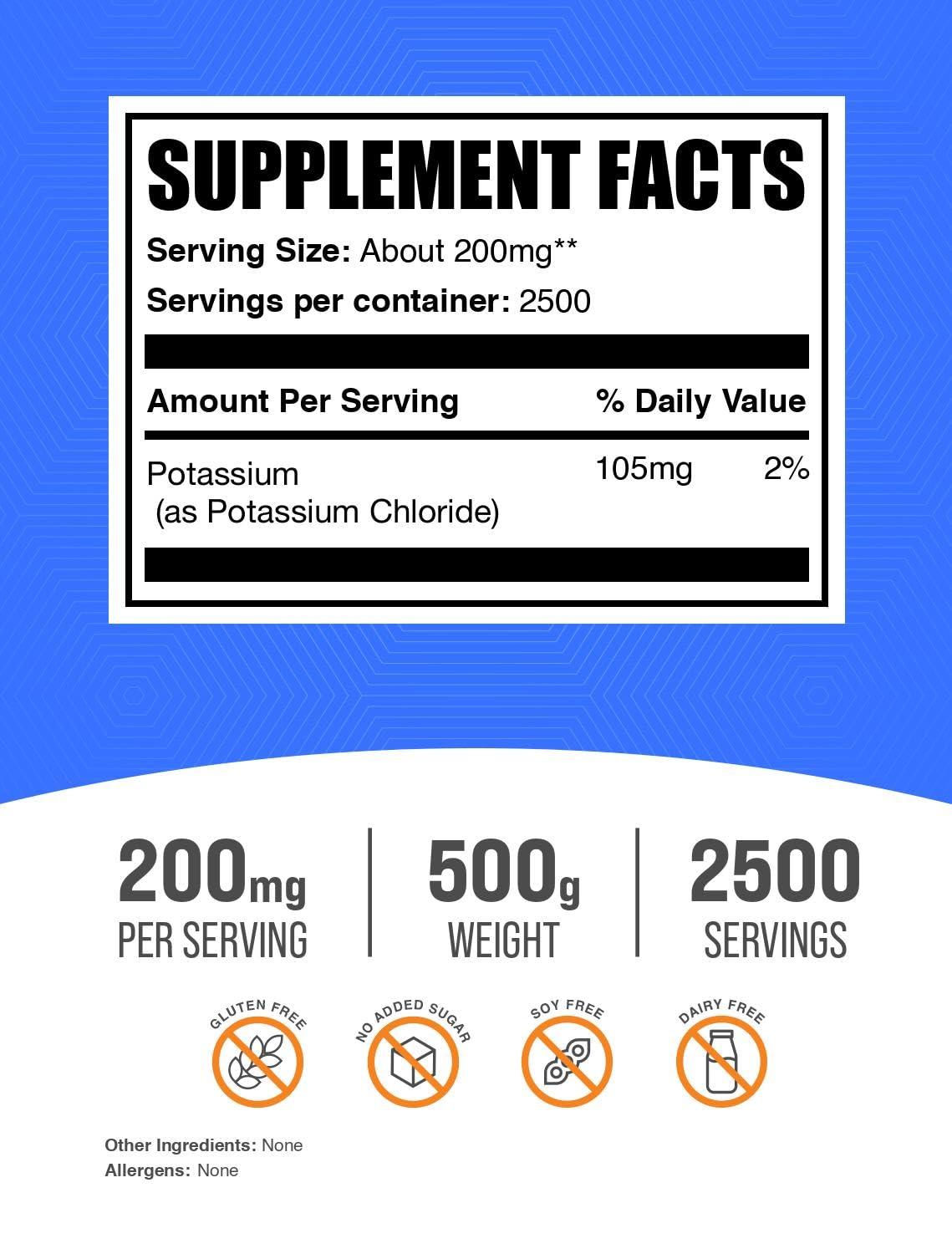 Poudre de chlorure de potassium BulkSupplements 500g avec cuillère doseuse