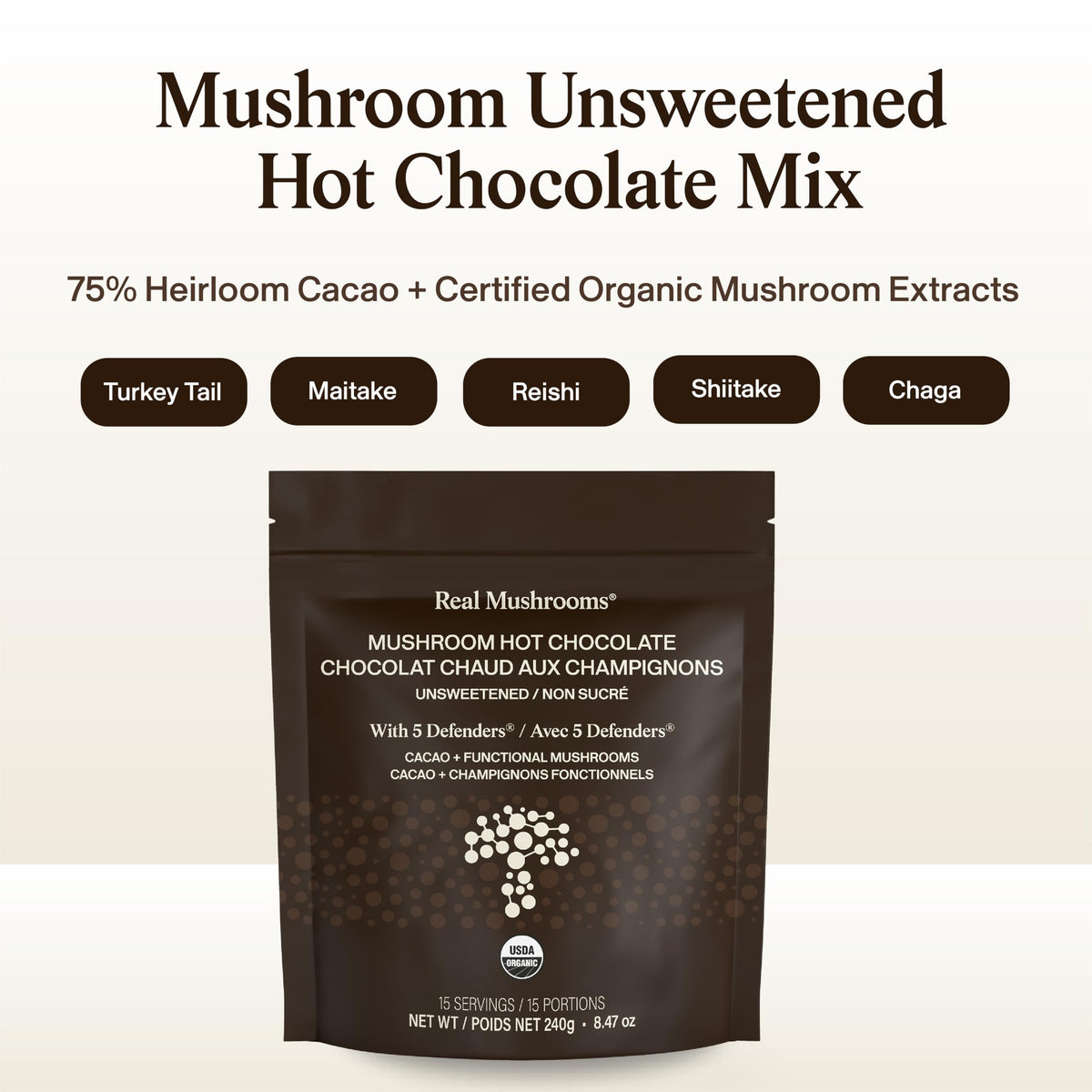 Poudre de chocolat chaud Real Mushrooms vue de face dans son emballage