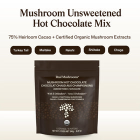 Poudre de chocolat chaud Real Mushrooms vue de face dans son emballage