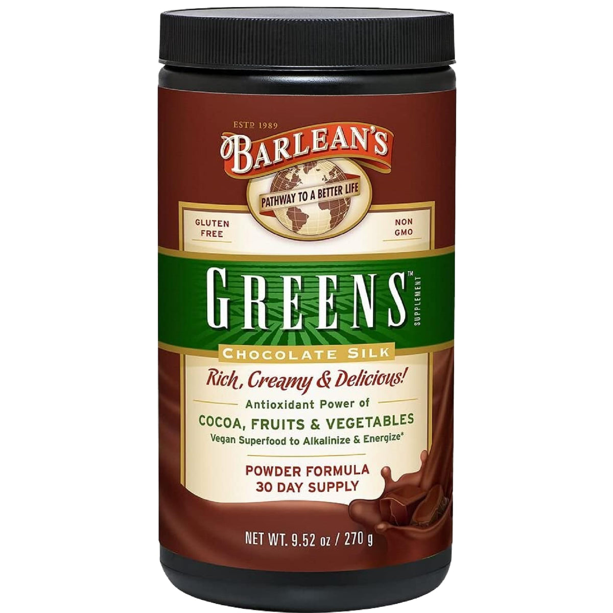 Poudre de Chocolat Greens Barlean's 358g vue de face