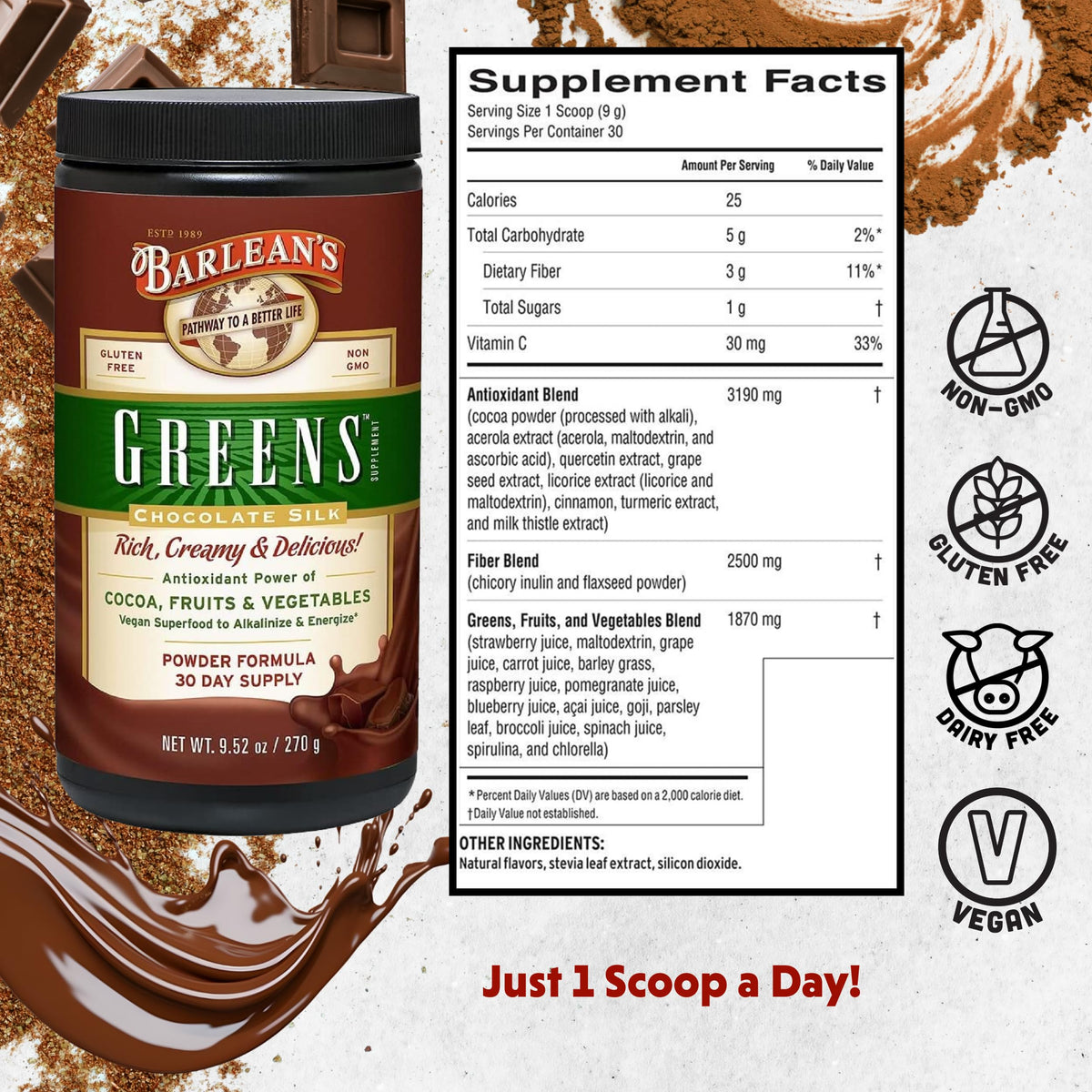 Poudre de Chocolat Greens Barlean's avec cuillère incluse