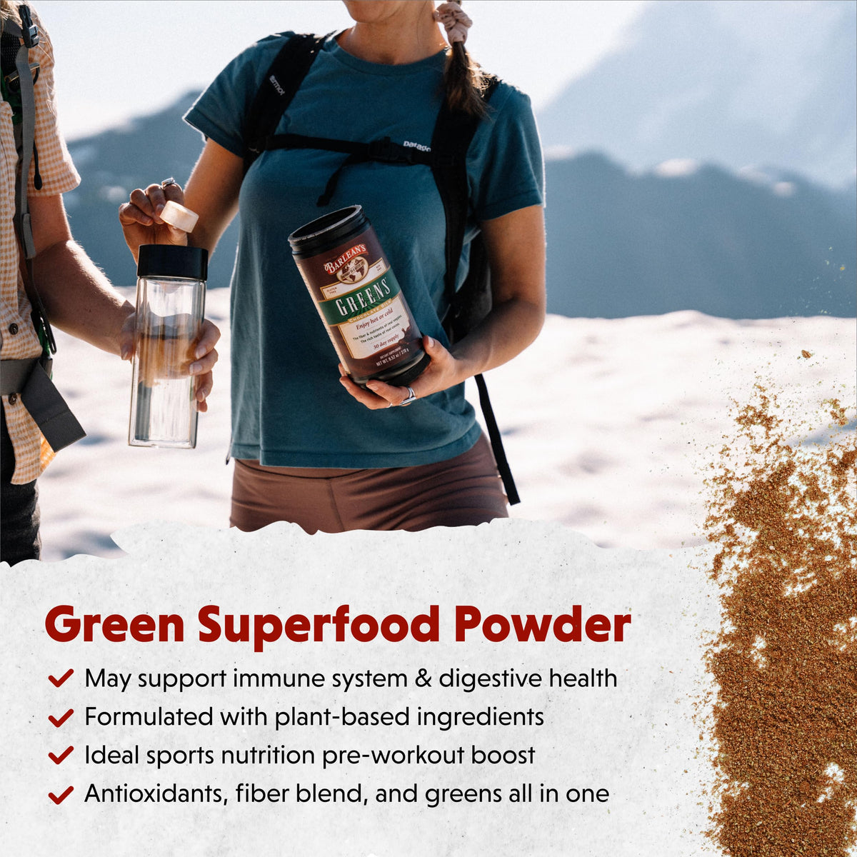 Poudre de Chocolat Greens Barlean's dans un verre avec de l'eau