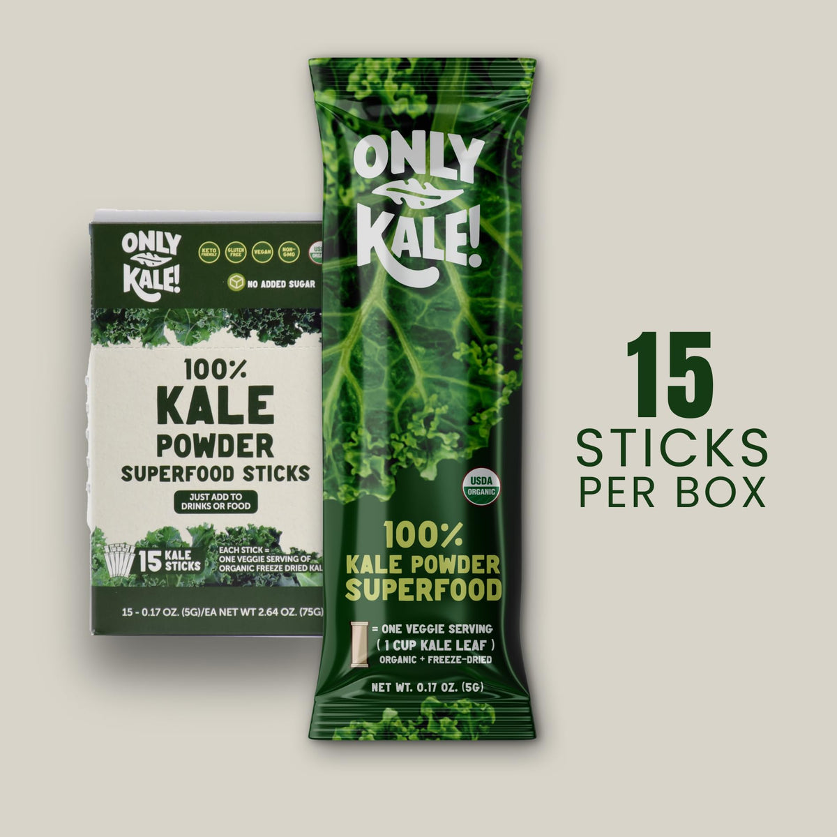 Poudre de chou frisé OnlyKale vue de côté avec sachets