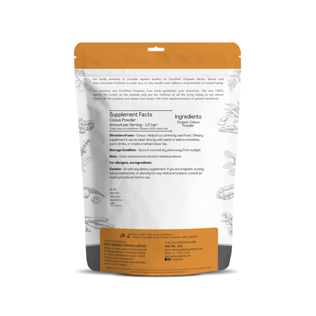 Poudre de Cissus Quadrangularis Just Jaivik 240g en sachet