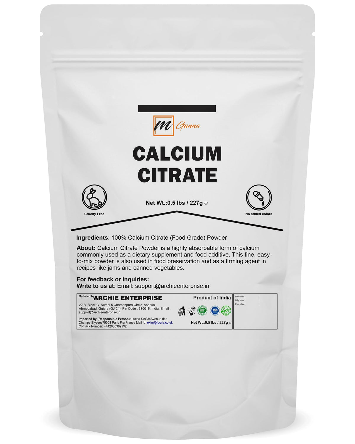 Poudre de citrate de calcium mGanna 240g vue de face