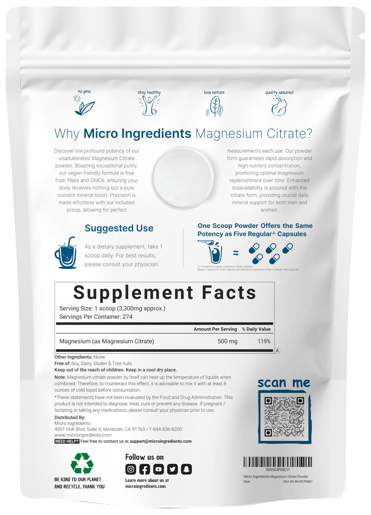 Poudre de citrate de magnésium Micro Ingredients 980g avec cuillère incluse