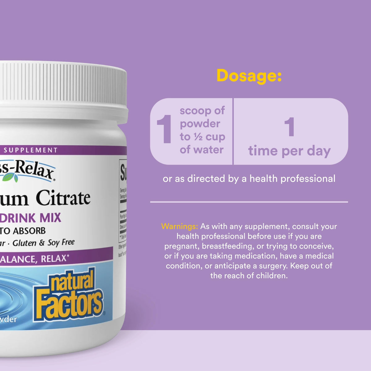 Poudre de citrate de magnésium Natural Factors versée dans un verre d'eau