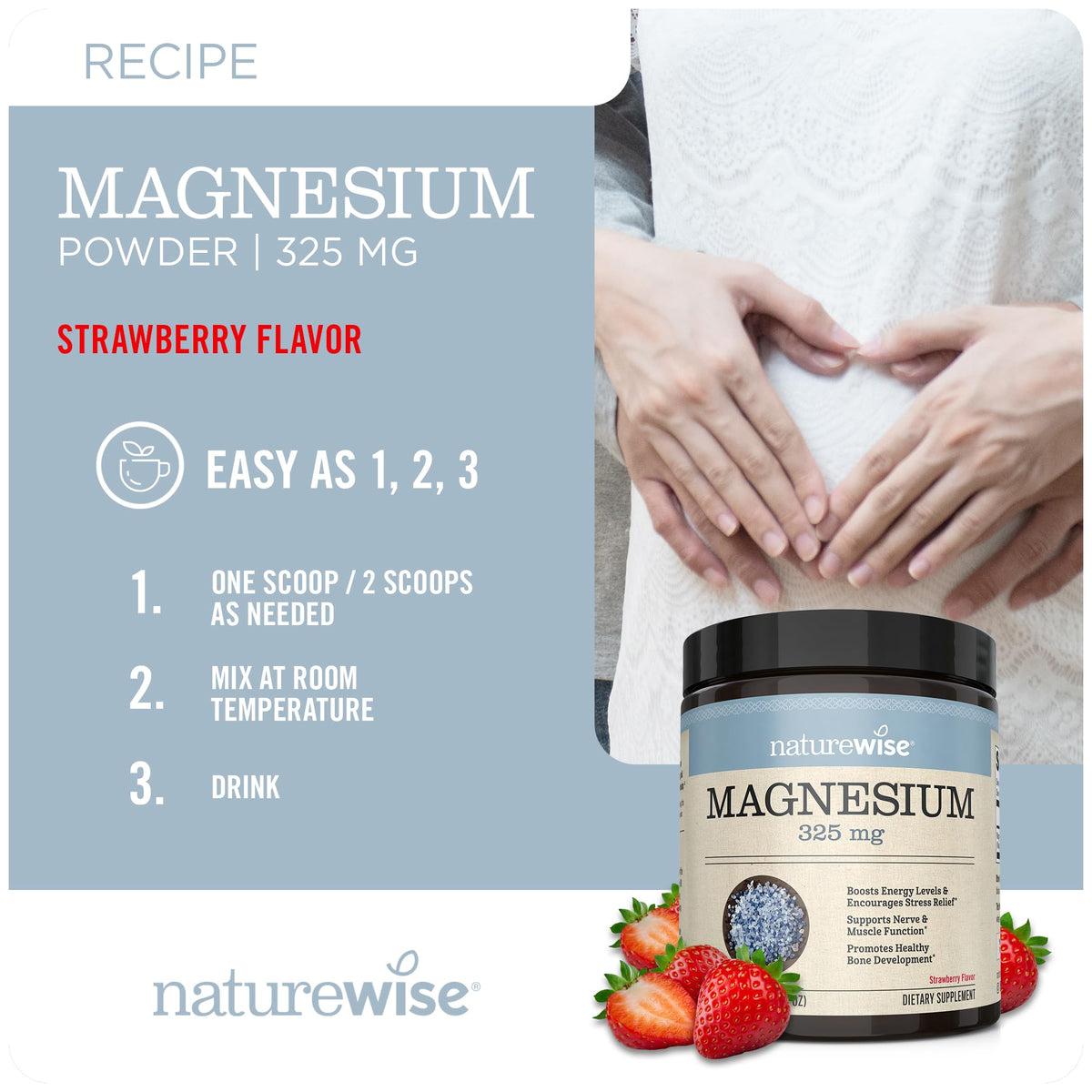 Poudre de citrate de magnésium NatureWise 325 mg saveur citron-fraise dans un verre d'eau