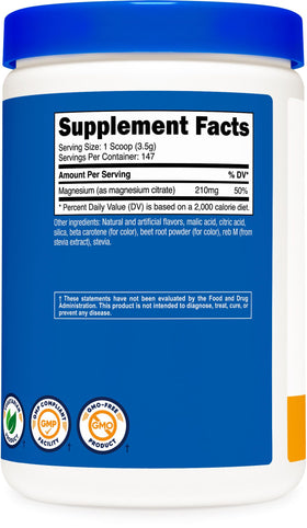 Poudre de citrate de magnésium Nutricost 500 g avec fruits frais en arrière-plan