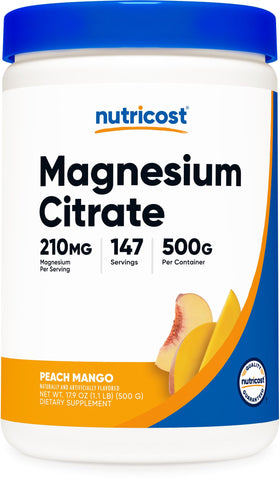 Poudre de citrate de magnésium Nutricost 500 g vue de face avec emballage