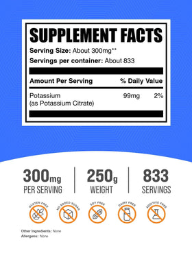 Poudre de citrate de potassium BulkSupplements 250g avec cuillère mesuratrice