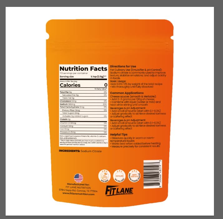 Poudre de citrate de sodium Fit Lane Nutrition 299g sur une table de cuisine