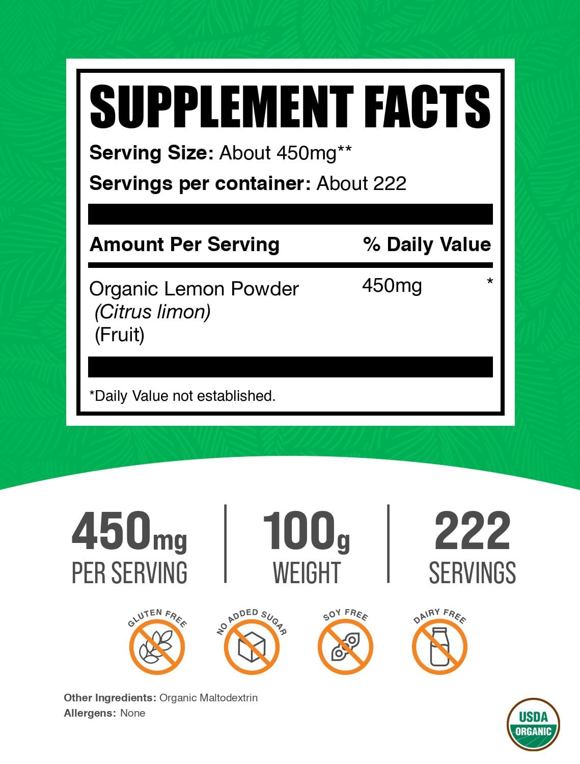 Poudre de Citron Bio BulkSupplements 100g en sachet
