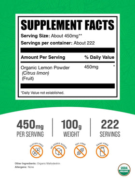 Poudre de Citron Bio BulkSupplements 100g en sachet