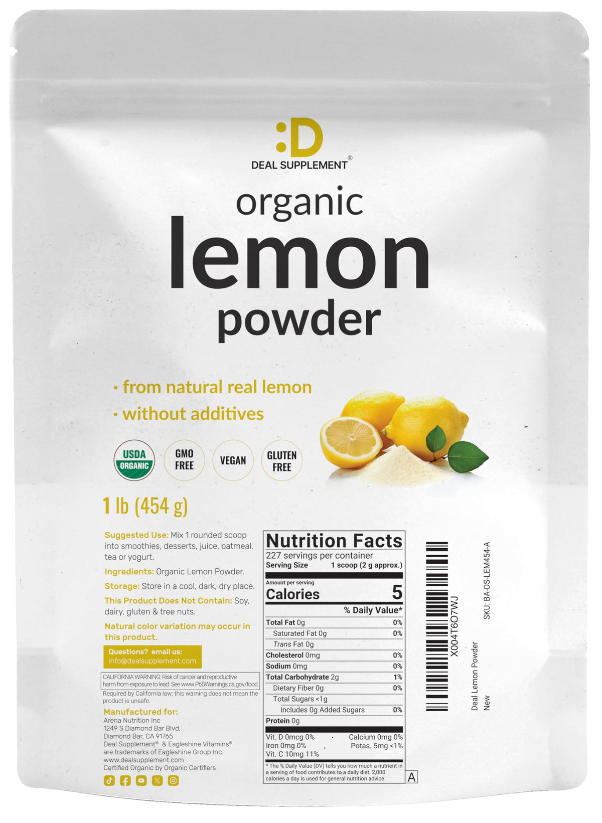 Poudre de citron bio DEAL SUPPLEMENT 472g sur une table avec d'autres ingrédients