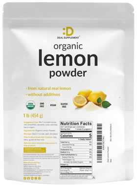 Poudre de citron bio DEAL SUPPLEMENT 472g sur une table avec d'autres ingrédients