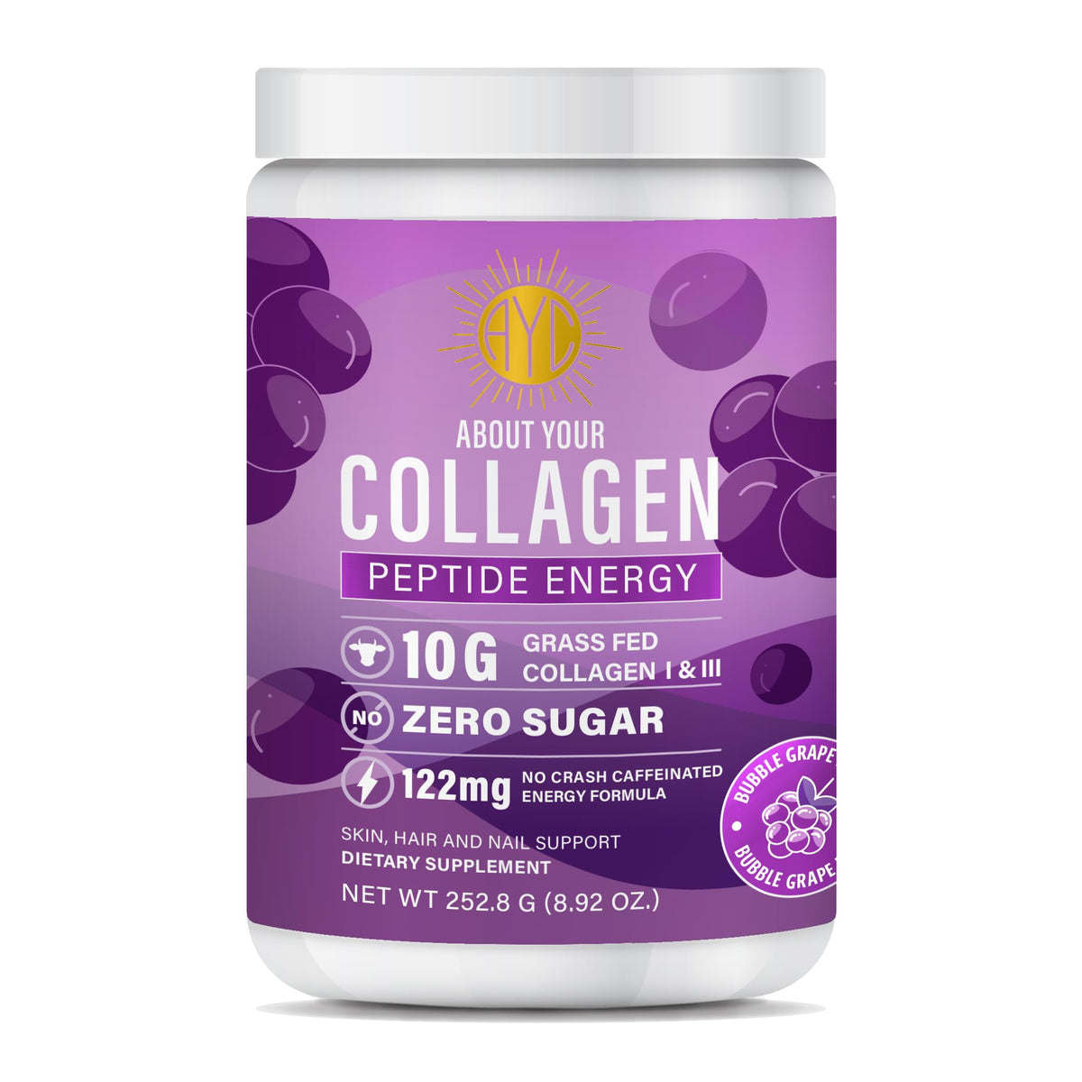 Poudre de collagène ABOUT YOUR COLLAGEN 250g saveur raisin vue de face