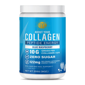 Poudre de collagène ABOUT YOUR COLLAGEN en vue de face, emballage bleu framboise