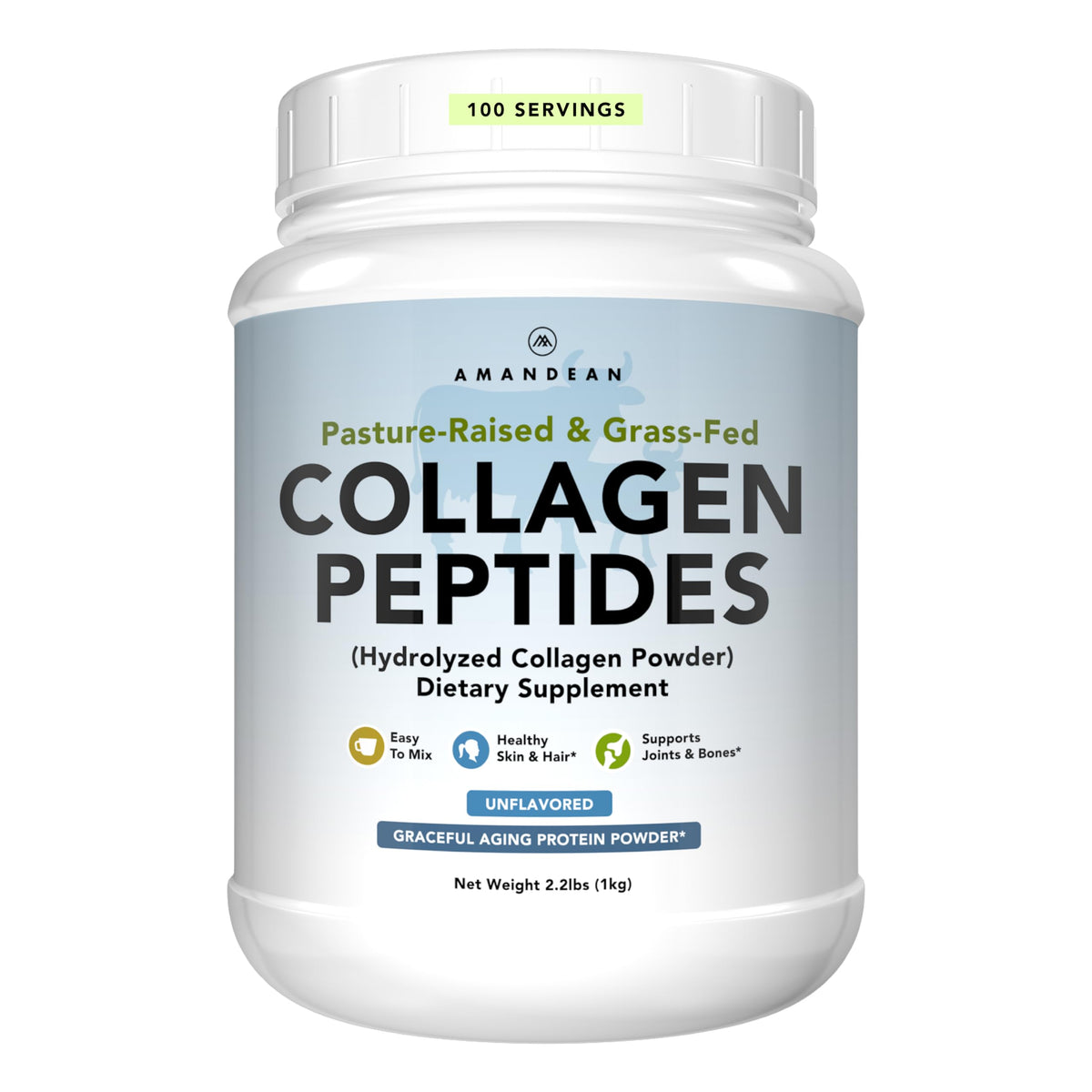 Poudre de collagène AMANDEAN 1kg vue avant avec emballage