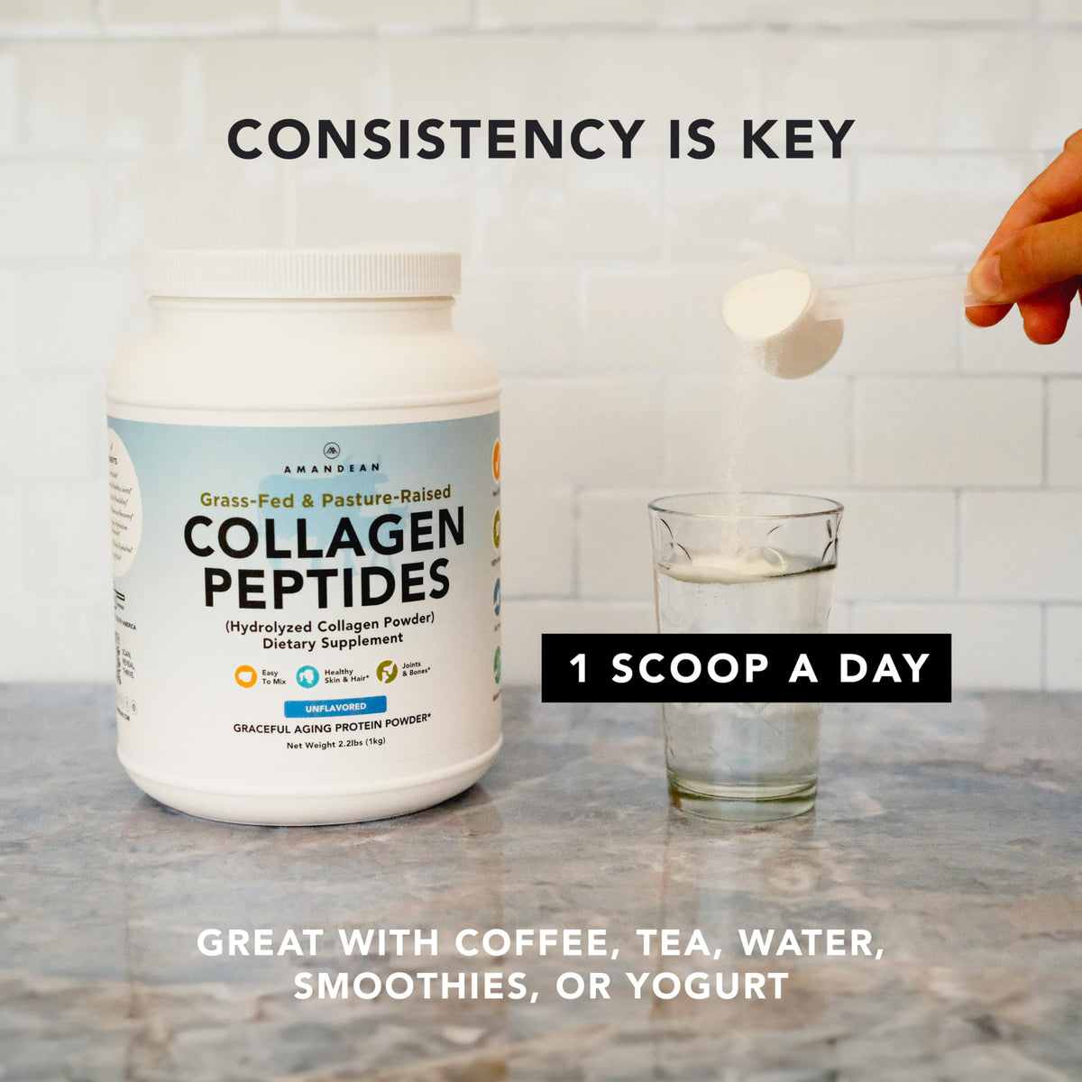 Poudre de collagène AMANDEAN 500g en utilisation dans un smoothie