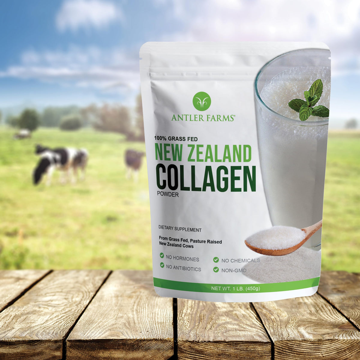 Poudre de collagène Antler Farms Nouvelle-Zélande 472g échantillon dans une cuillère