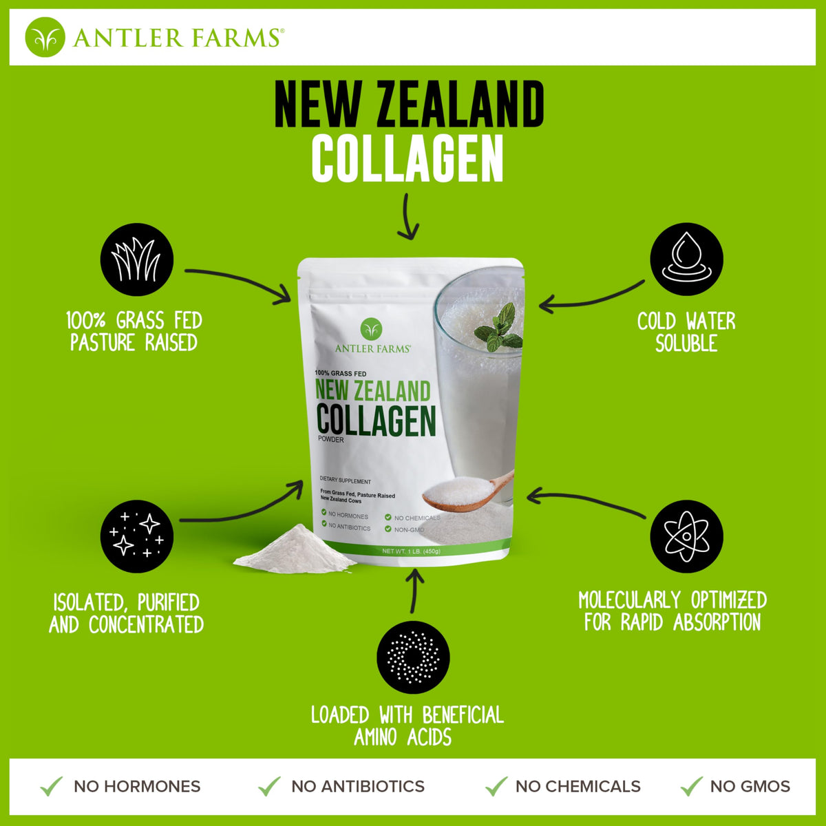 Poudre de collagène Antler Farms Nouvelle-Zélande 472g en poudre