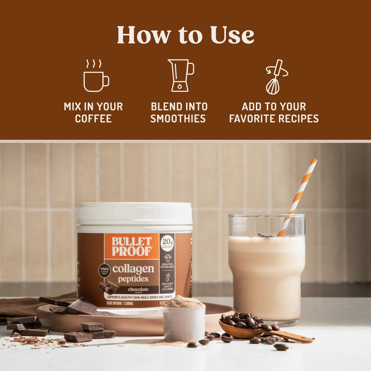 Poudre de Collagène au Chocolat Bulletproof 621g avec étiquette visible