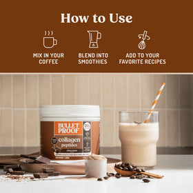 Poudre de Collagène au Chocolat Bulletproof 621g avec étiquette visible