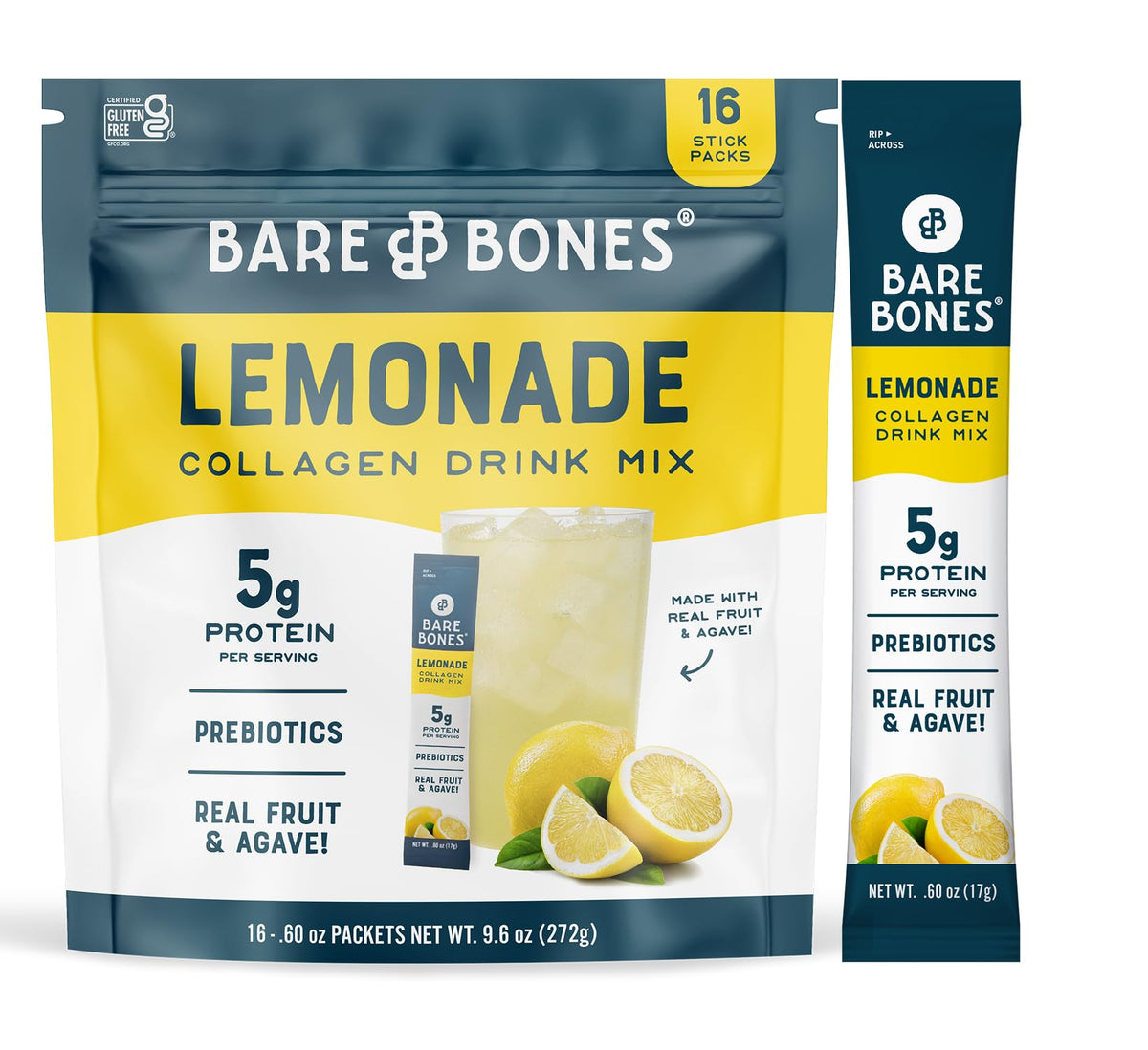 Poudre de collagène au citron Bare Bones dans un stick pack