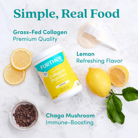 Poudre de collagène au citron Further Food sur une table avec des ingrédients