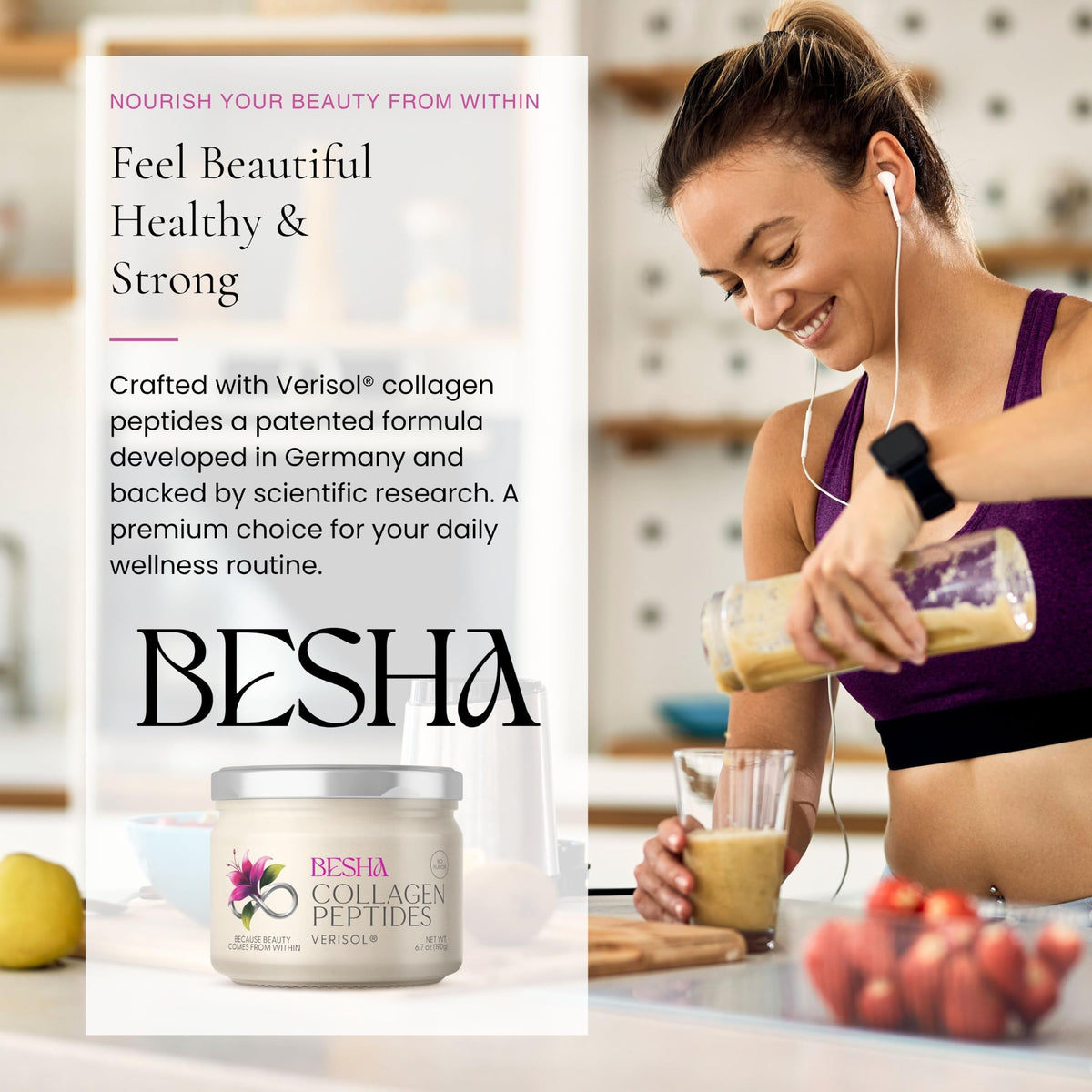 Poudre de collagène BESHA INC sur une table en bois