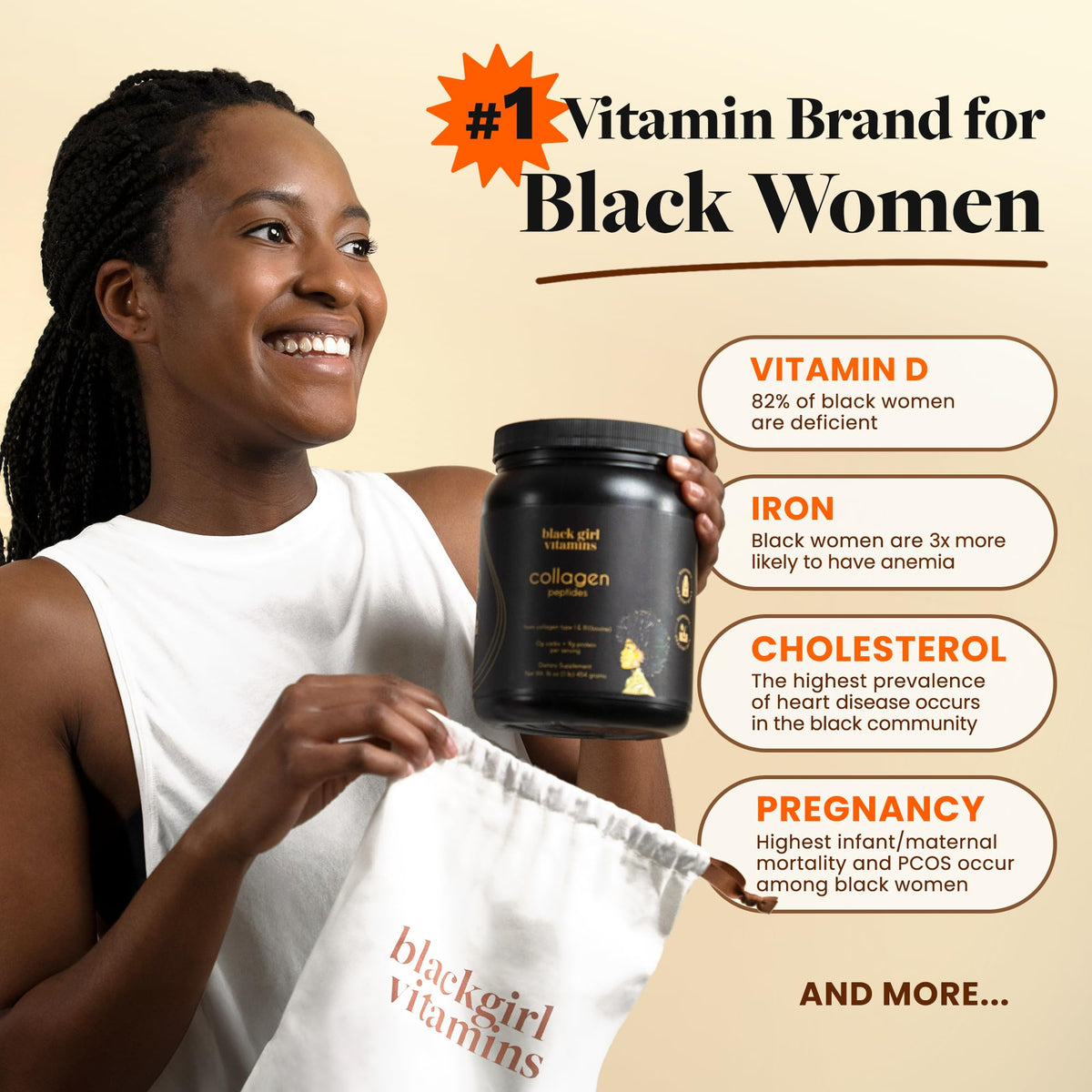 Poudre de collagène Black Girl Vitamins sur une table en bois