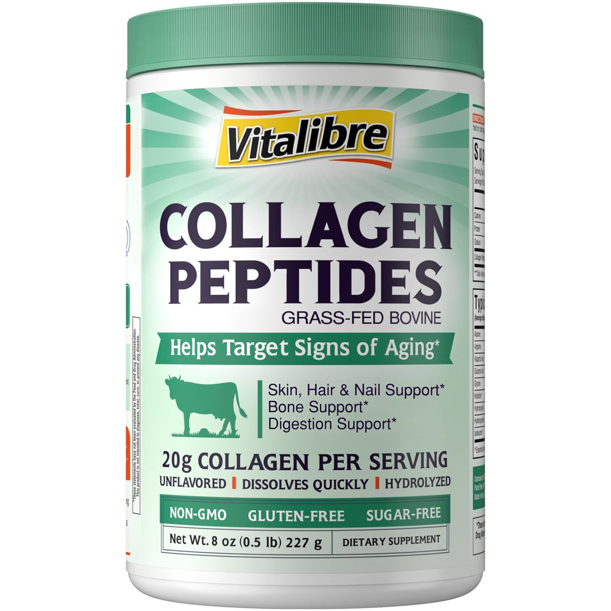 Poudre de collagène bovin hydrolysé Vitalibre 8oz vue de face