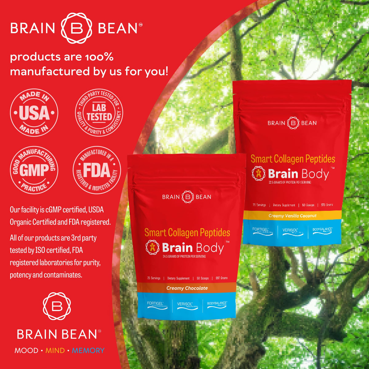 Poudre de collagène Brain Bean 1161g dans un smoothie avec ingrédients frais