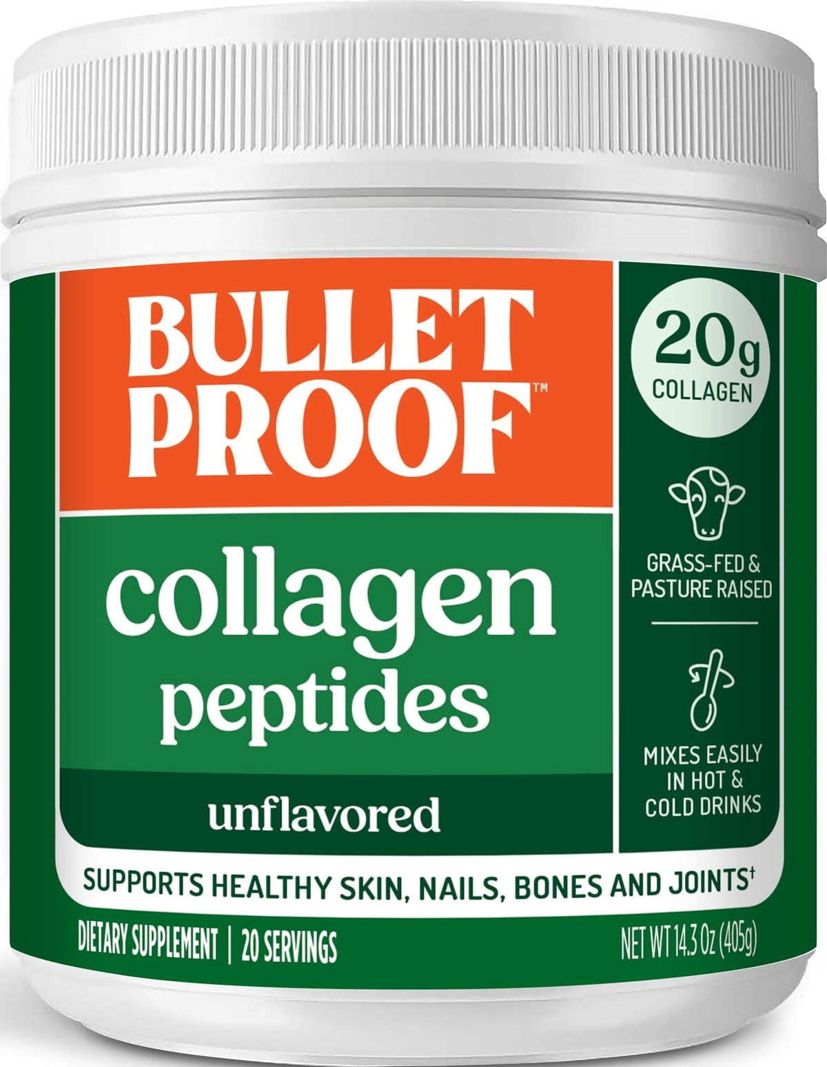 Poudre de collagène Bulletproof 508g, vue de face avec couvercle transparent
