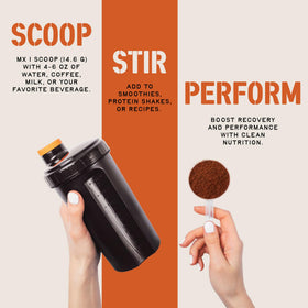 Poudre de Collagène Chocolat CleanForm Nutrition à côté de fruits