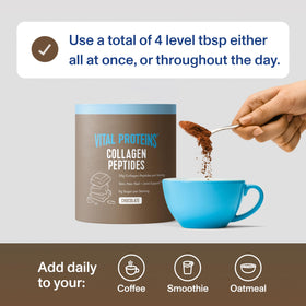Poudre de collagène chocolat Vital Proteins sur un plan de travail
