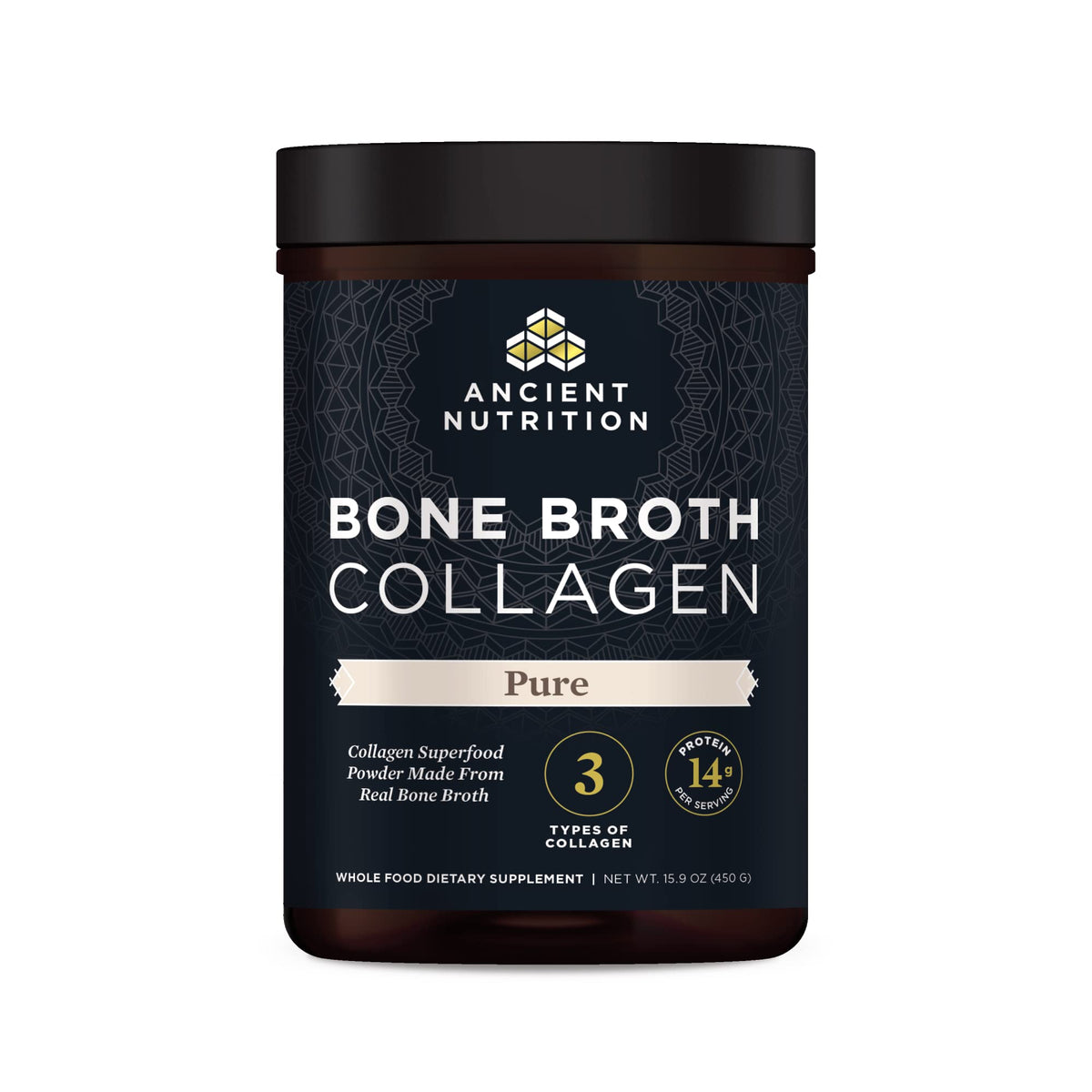 Poudre de collagène de bouillon d'os Ancient Nutrition 572g vue de face