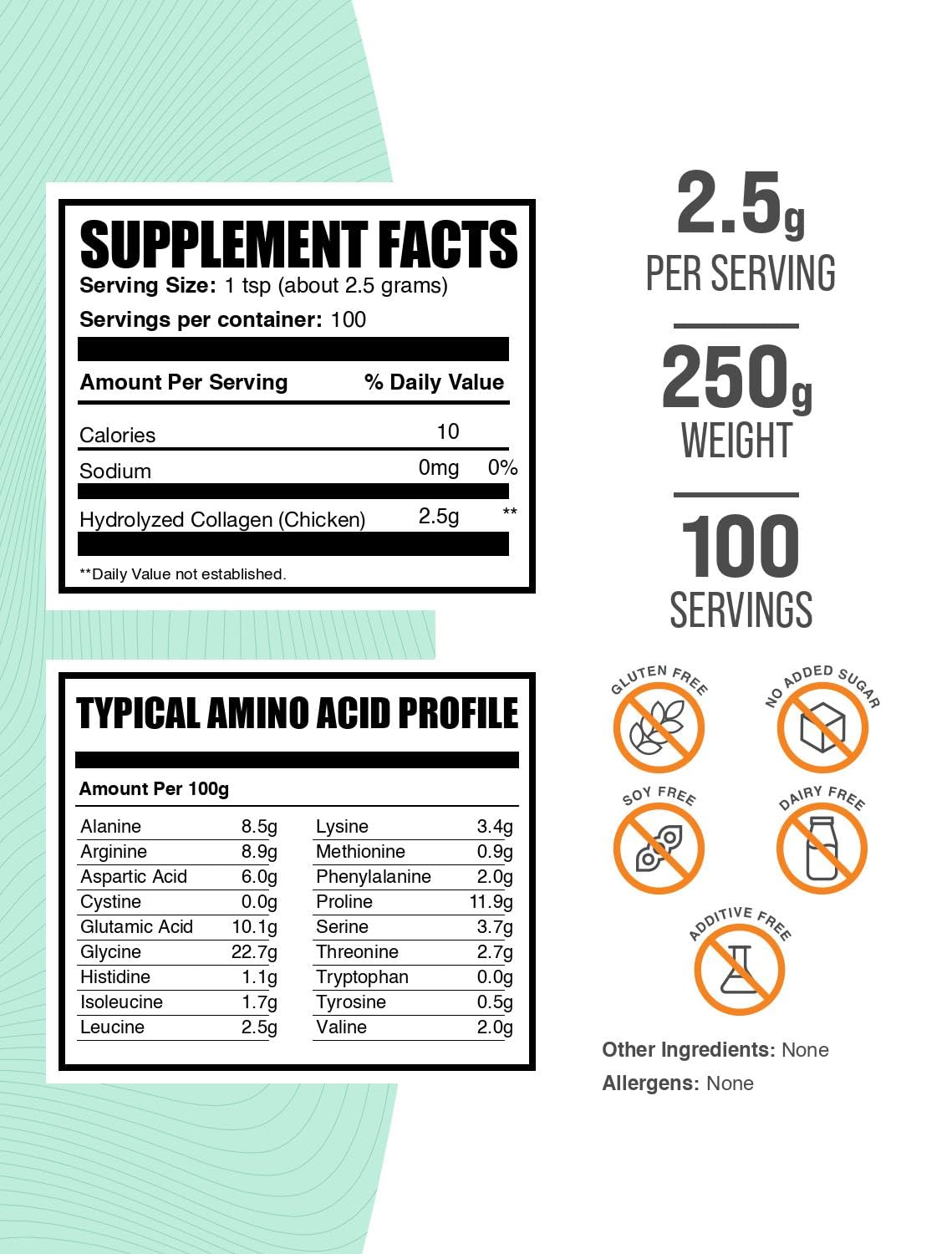 Poudre de collagène de poulet BulkSupplements avec cuillère de mesure