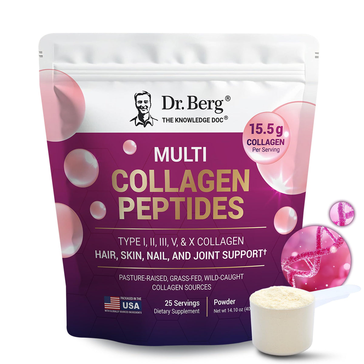 Poudre de collagène Dr. Berg Nutritionals en pot de 431g vue de face