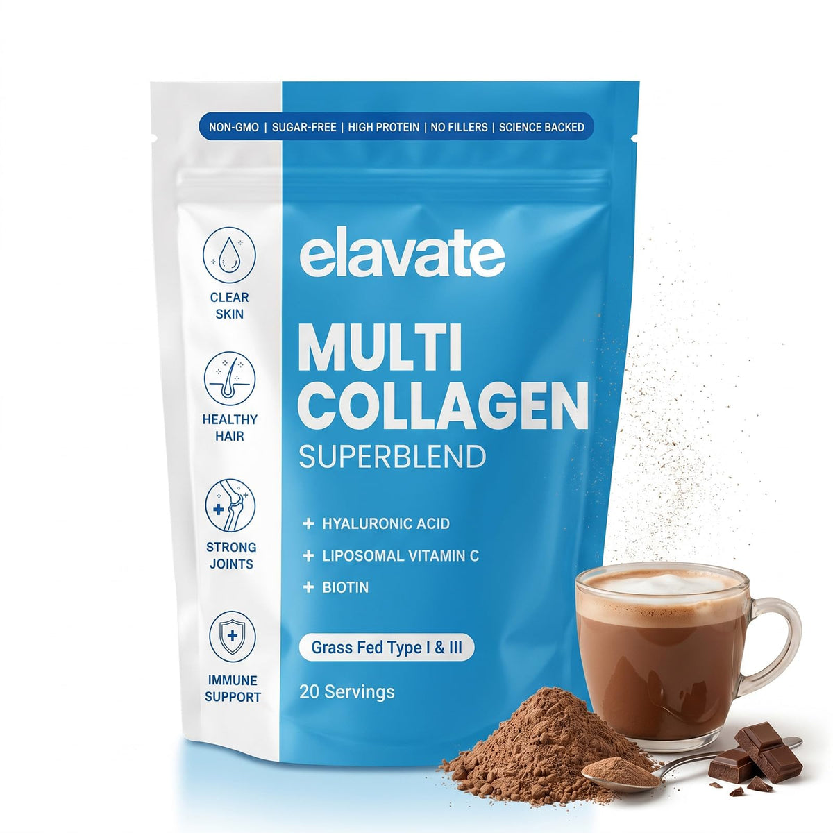 Poudre de collagène Elavate au chocolat 220g, vue de devant
