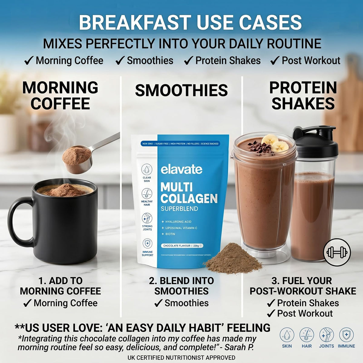 Poudre de collagène Elavate au chocolat, mélange dans un smoothie