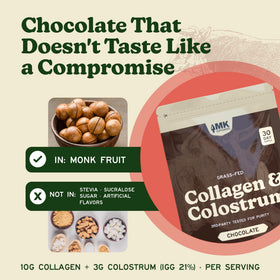 Poudre de collagène et colostrum chocolat MK Supplements dans un verre