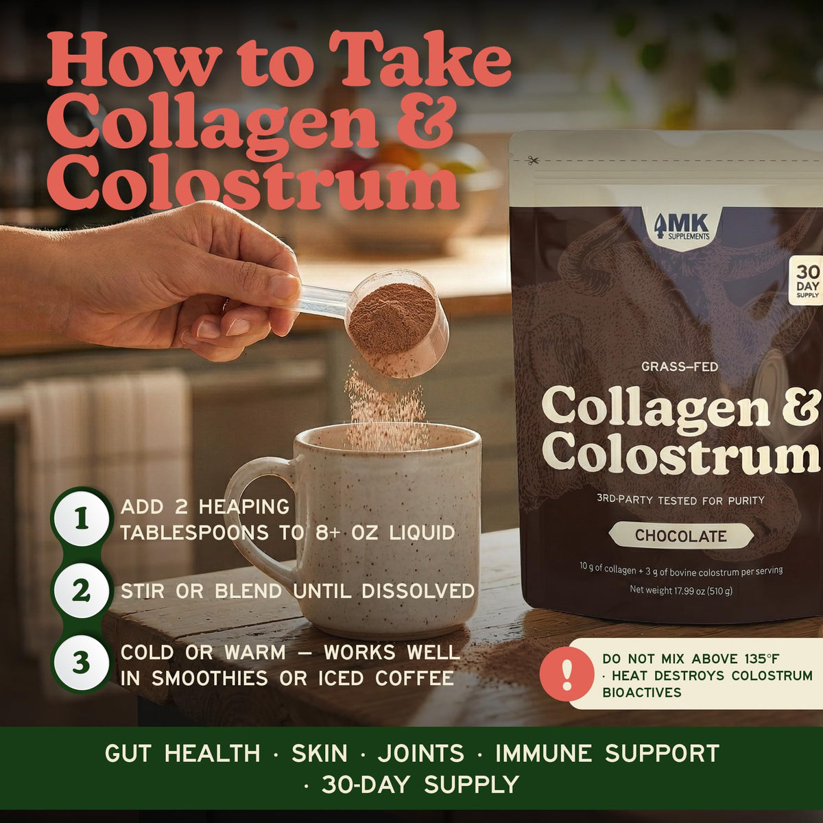 Poudre de collagène et colostrum chocolat MK Supplements sur une table