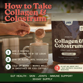 Poudre de collagène et colostrum chocolat MK Supplements sur une table