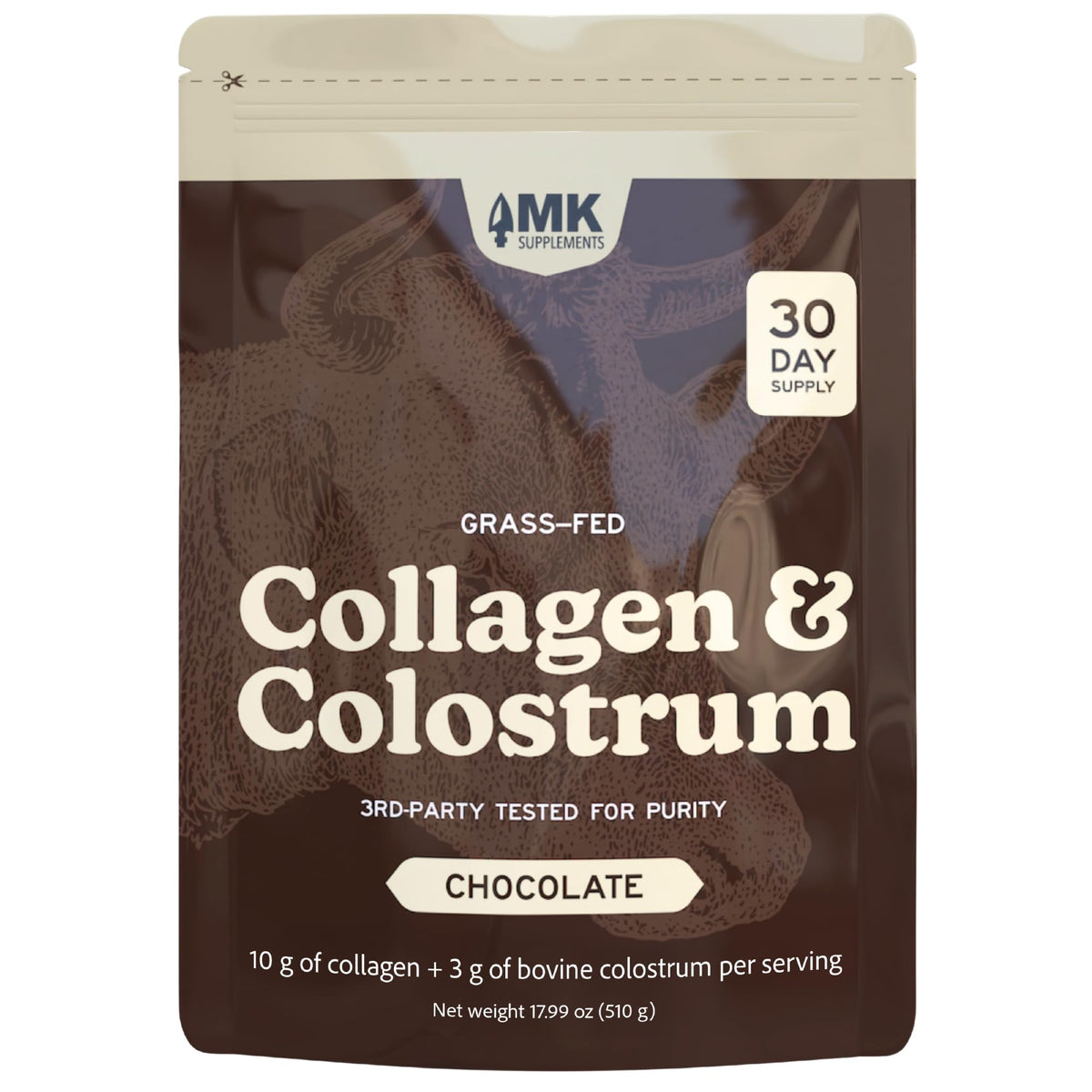 Poudre de collagène et colostrum chocolat MK Supplements vue de face