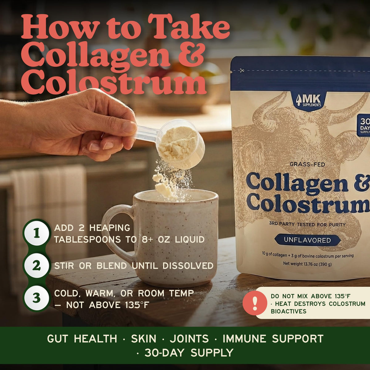 Poudre de collagène et colostrum MK Supplements dans un bol