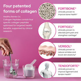 Poudre de collagène FORTIBONE sur une table avec des accessoires de fitness
