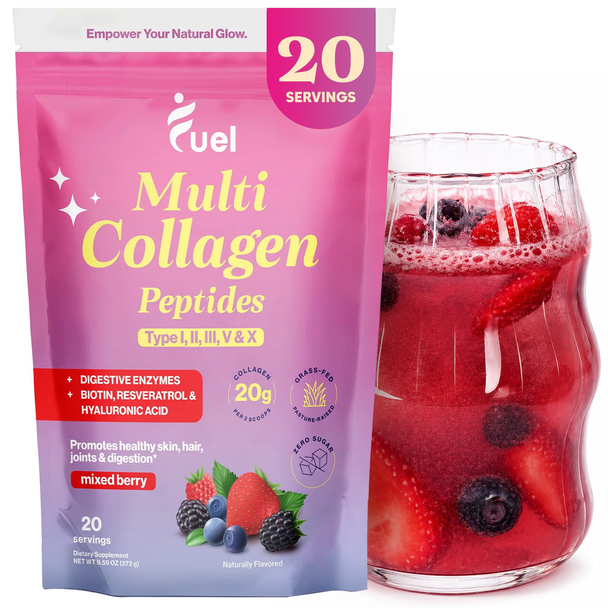 Poudre de collagène Fuel 322g saveur baie mixte vue de face