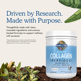 Poudre de collagène Garden of Life 720g sur une table avec des ingrédients